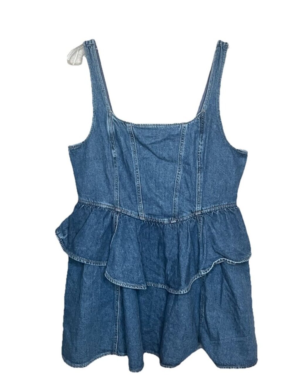 H&M Denim Mini Dress Sz L Blue Peplum Zip Back 100% Cotton Square Neck Y2K NWT